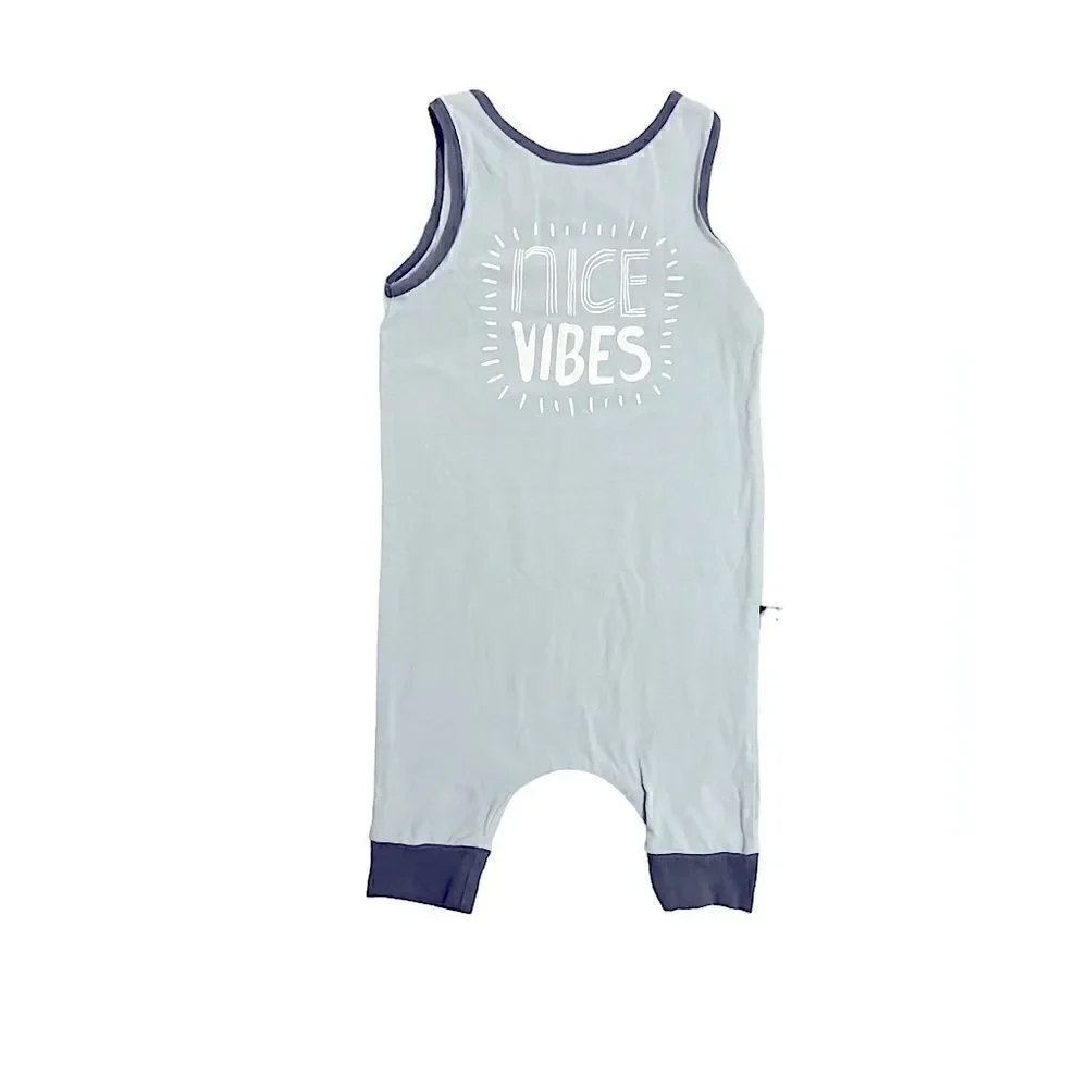 RAGS “Nice Vibes” Romper. Light blue with white wording.